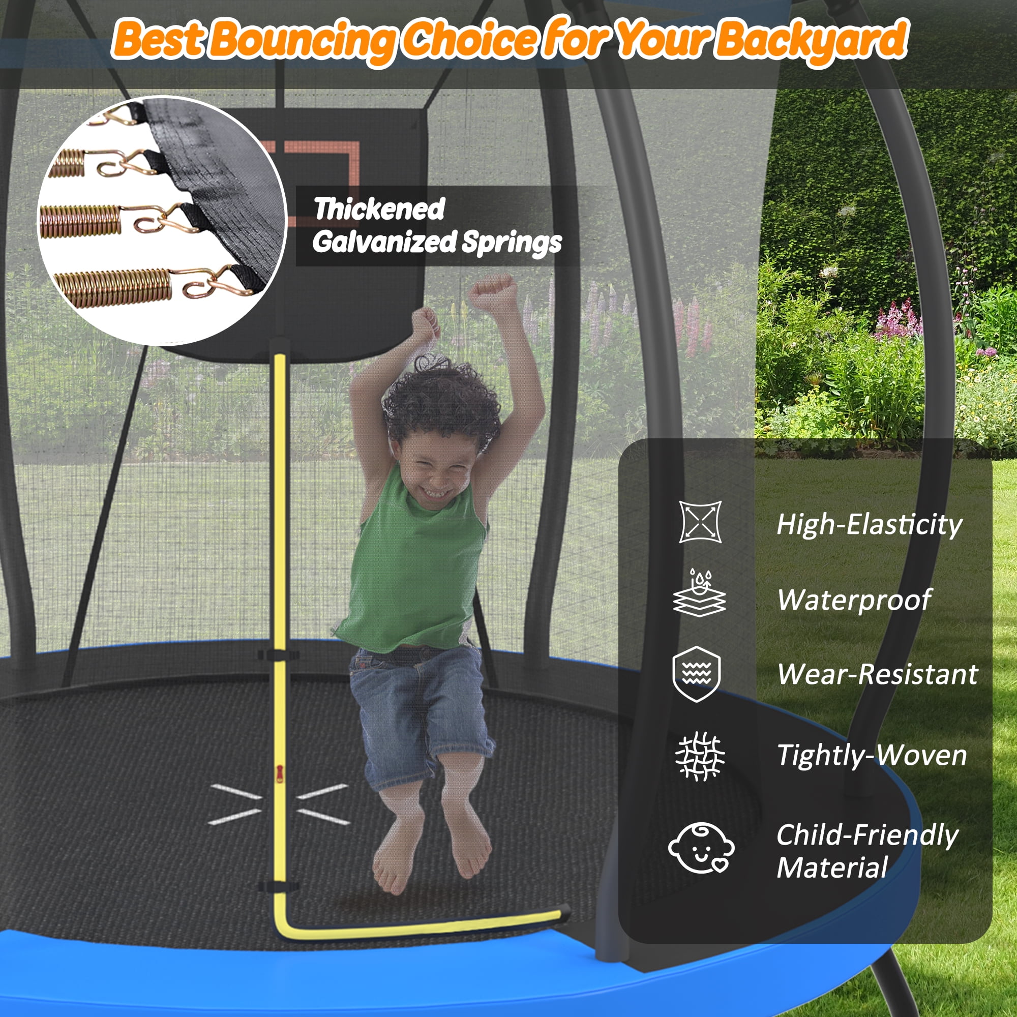8FT Trampoline with Basketball Hoop, Enclosure Net and Ladder, Outdoor Recreational Backyard Trampoline