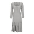 thumbnail image 6 of VEKDONE Women's Maxi Dress Long Sleeve Button Down V Neck Vintage Dress Casual Ruffle Hem Side Split Western Long Dress Solid Color Slim Fit Dresses Gray M, 6 of 7