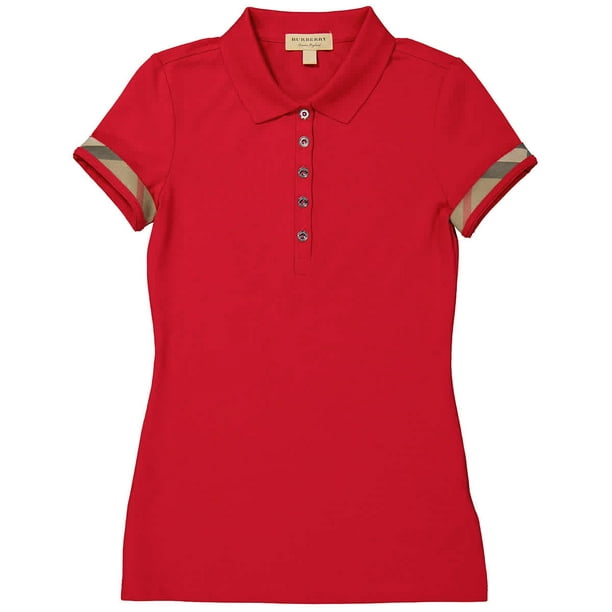 Burberry Ladies Military Red Garrone Check Trim Polo Shirt, Brand Size  XX-Small 