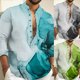 thumbnail image 4 of Men Casual Loose Long Sleeve Button Down Henley V Neck Tops Blouse Dress Shirt, 4 of 8