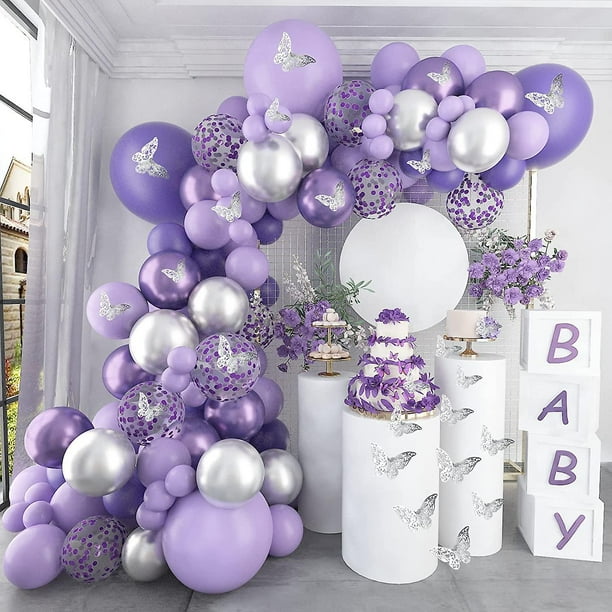 Ubiuo Baby Shower Decorations For Girl 140 Pcs Purple Balloon Garland Kit Metallic Purple Silver Balloon Arch 12 Pcs Butterfly Stickers Confetti For B