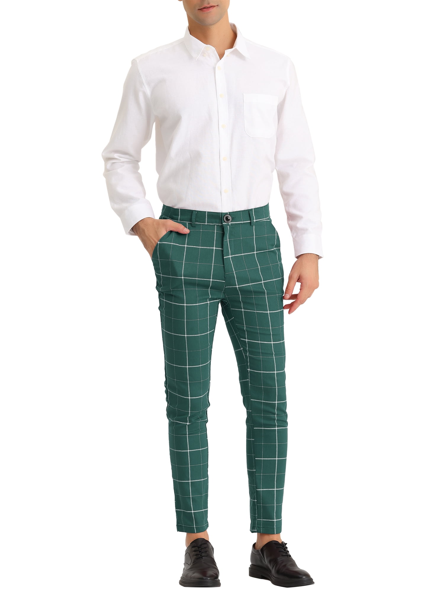 Unique Bargains Men's Plaid Slim Fit Flat Front Business Checked Trousers 38 Green