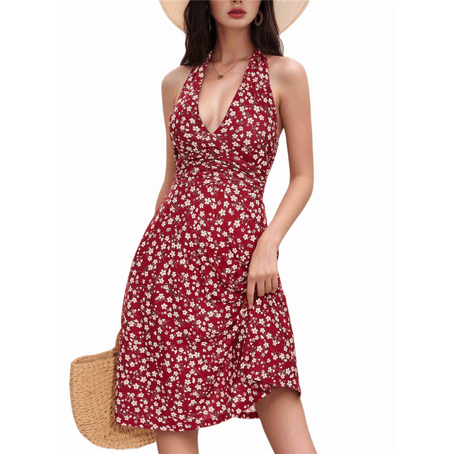 Robe d'Été Sans Manches Portefeuille à Col en V à Fleurs pour Femme Mini Robe Bordeaux L