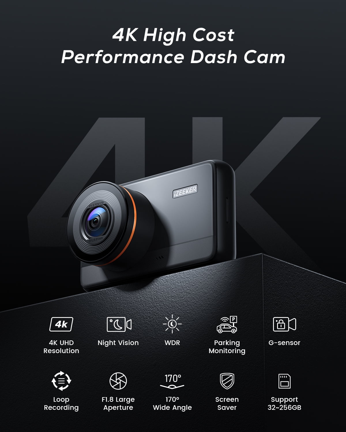 iZEEKER 4K Dual Dash Cam with WiFi GPS, 4k&1080p Dash Cam Front and Rear, 3'' IPS Touch Screen Car Camera with Sony Sensor Super Night Vision, Acciden