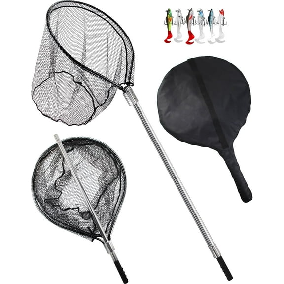 Large Rubber Fishing Net Heavy Duty Extra Large Landing Net with Telescoping Handle, Saltwater Aluminum Fish Net with 6pcs Jig Swimbait, Extends to 72-94in, Depth 27.5in
