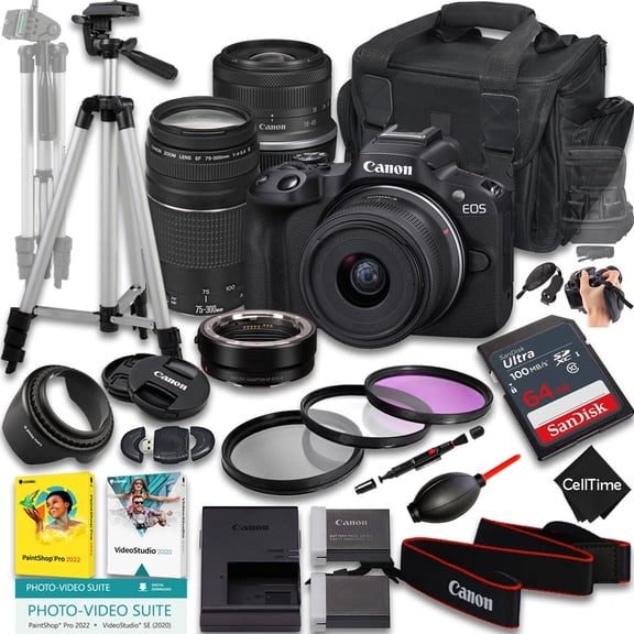 Canon EOS R50 Mirrorless Camera with RF-S 18-45mm f/4.5-6.3 IS STM And EF 75-300mm f/4-5.6 III Lens   Mount Adapter   64GB Memory   Extra Battery   More (23pc Bundle) (International Version)