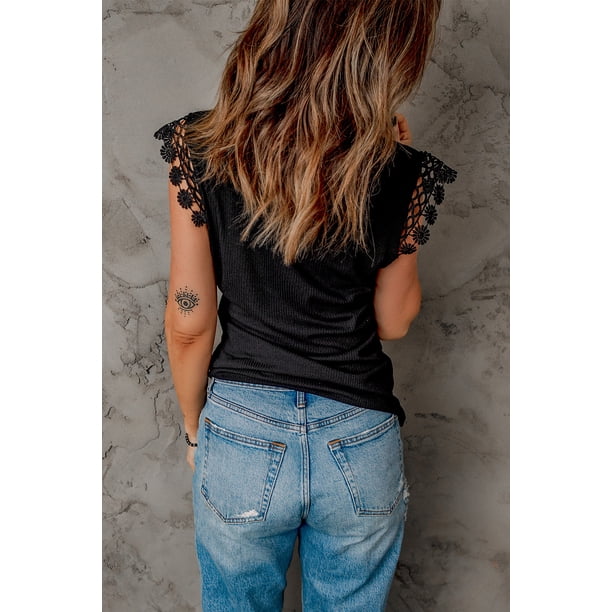 ABPHQTO Camiseta sin mangas con cuello en V acanalado de croché de encaje negro para mujer