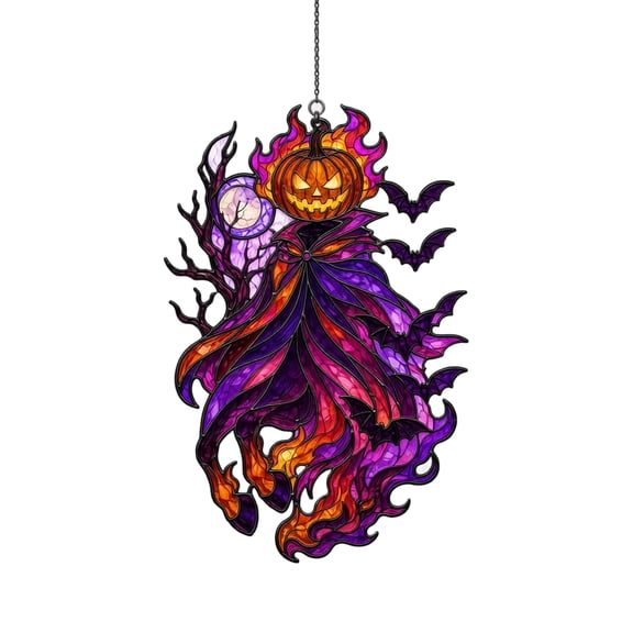 XHKUYI Halloween Pumpkin Ghost Suncatcher 7.8 inch, Stained Glass Acrylic Window Hanging with Purple Cape & Bat, for Window, Wall, Tree & Door Hanging Decoration