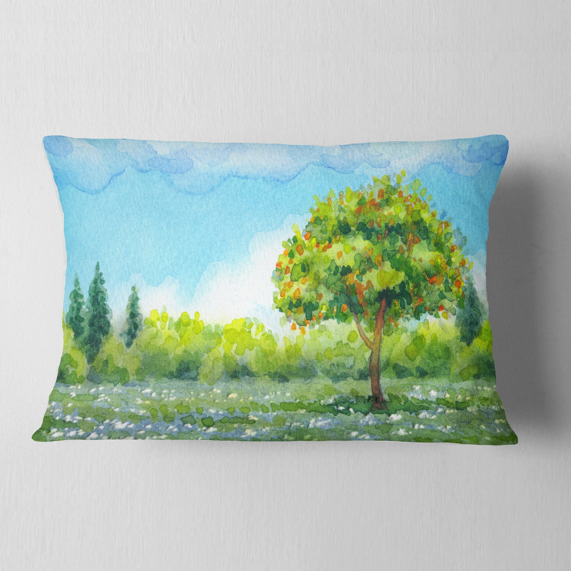 Designart Tree in Spring - Watercolor Painting Landscape Printed Throw Pillow - 12x20