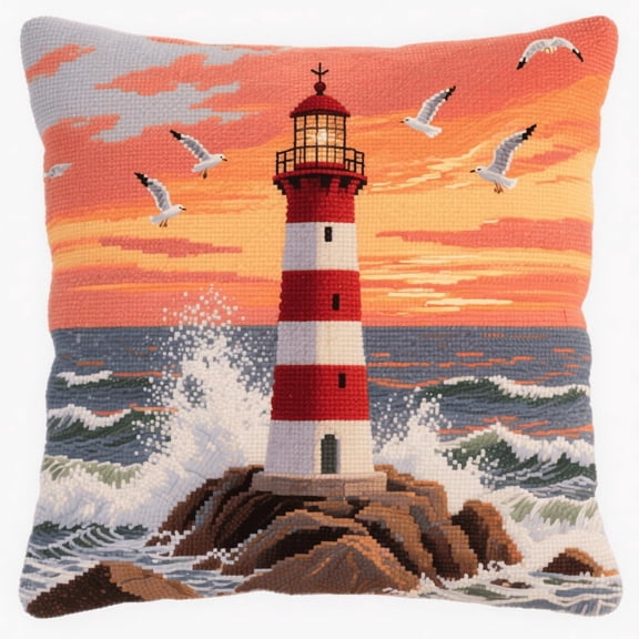 Latch Hook Throw Pillow Kit Lighthouse by the sea Embroidery Latch Hooking Crochet Kits 17x17inch