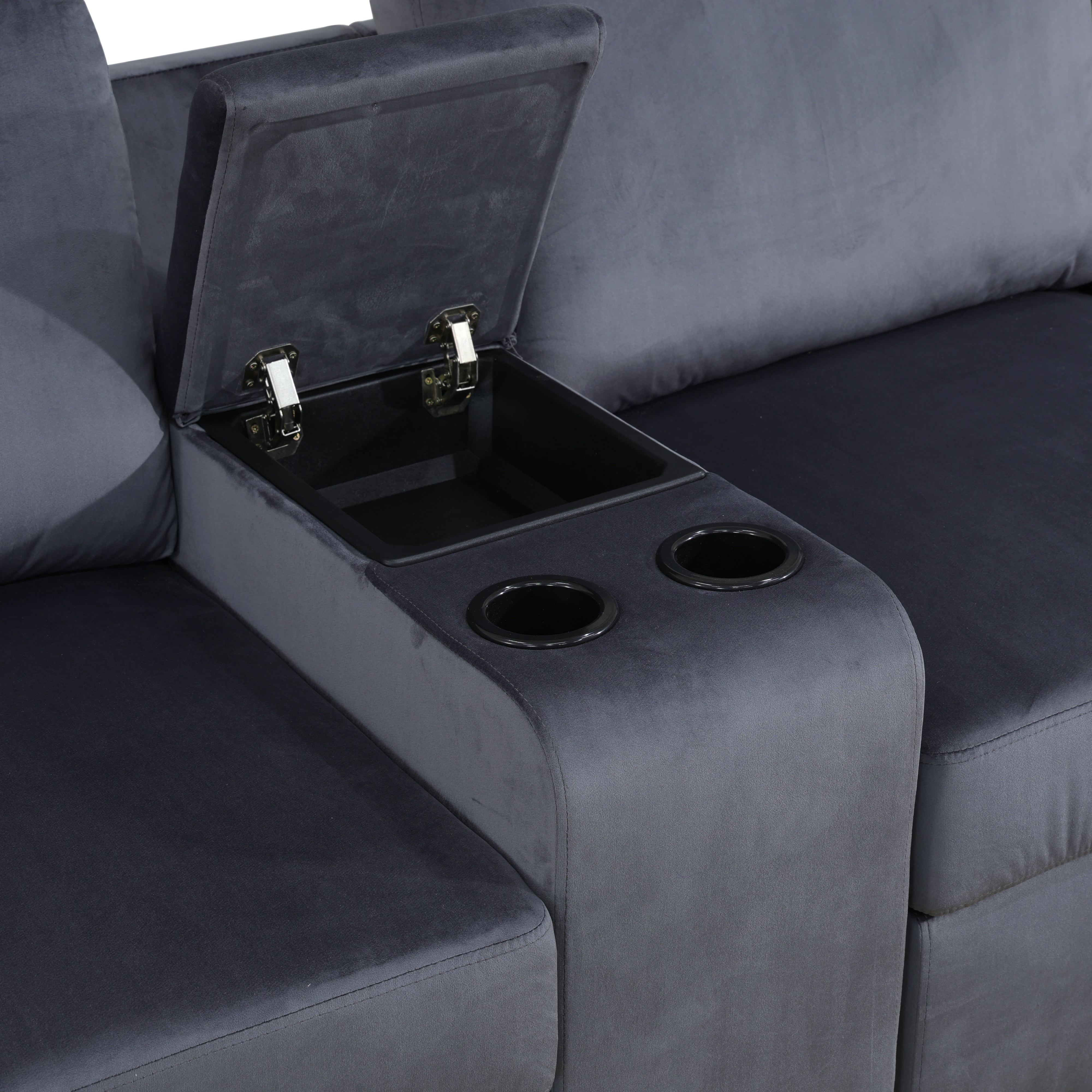 Gewnee 6 Seat Sofa Set with Ottoman, Microfiber Upholstered Sofa, Solid Wood Frame, Storage Console with Cup Holders, Living Room, Dark Gray