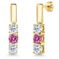 Gem Stone King 18K Yellow Gold Plated Silver White Topaz and Pink Moissanite Drop Dangle Earrings for Women | 1.70 Cttw | Gemstone November Birthstone | Round 5MM
