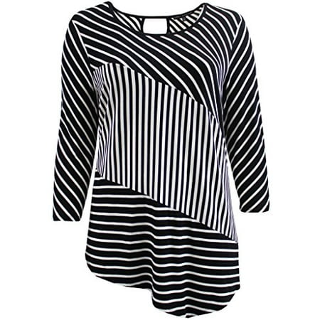 Band Keyhole - Dreamer Plus Size Women Short Sleeve Asymmetrical Striped Keyhole Casual Top Black 1X (16.009)