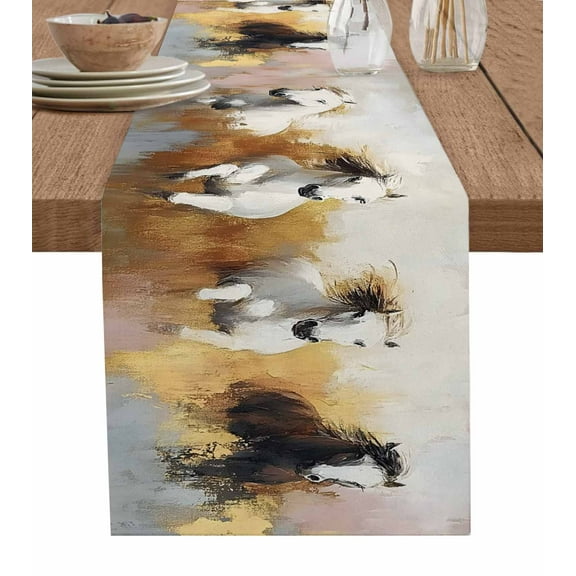Table Runner Horse Oil Painting Table Decoration for Kitchen Dinning Abstract Yellow White Table Decoration for Indoor Outdoor Party Wedding Decor 13x72inch