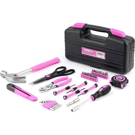 40-Piece Home Tool Kit with Easy Carrying Box, Small Basic Hand Tool Set Perfect for DIY Building, Home Maintenance and Woodworking, Great for College Students - PINK