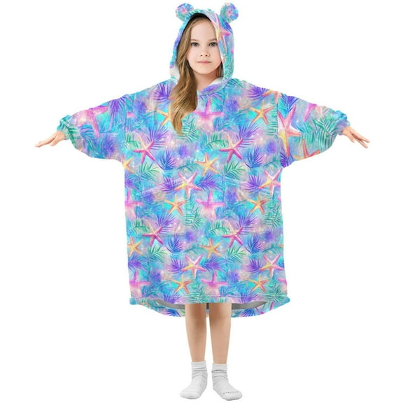 FORMRS Wearable Blanket Hoodie with Sleeves for Kids Cozy Flannel Sweatshirt, Neon Starfish Pattern