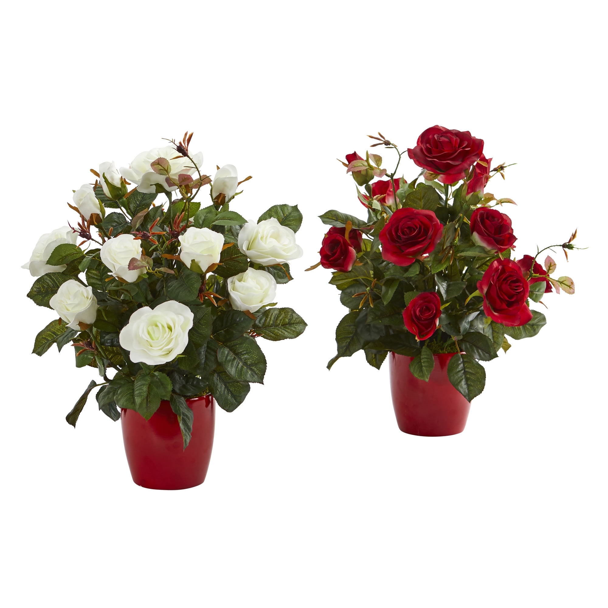 Nearly Natural Rose Artificial Plant in Red Planter (Set of 2