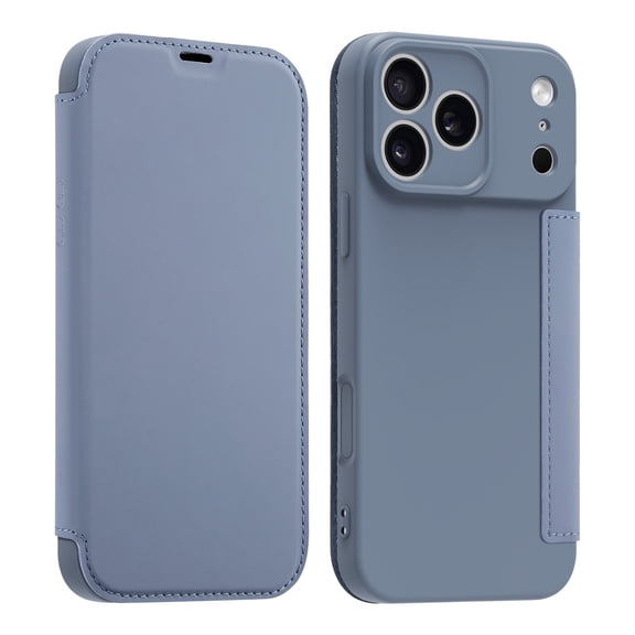 Wallet Case For iPhone 17 Pro, Elegant PU Silicone Folio Case Interior Fiber Flocking, Slim Card Holder Protective Flip Cover, Soft Touch Shockproof Shell Wireless Charging, Gray