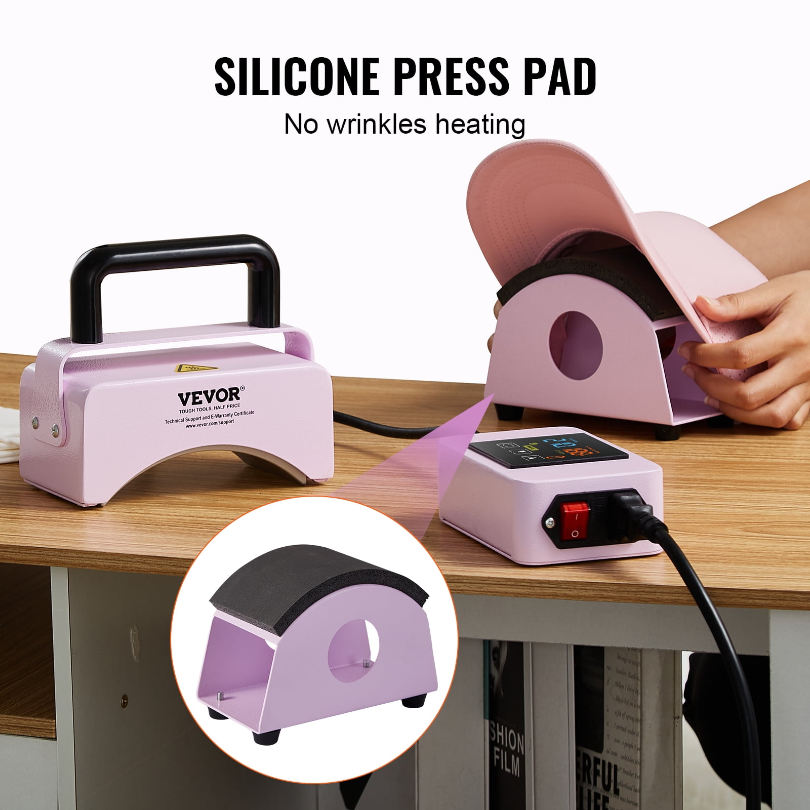 VEVOR Hat Press Machine, Mini Hat Heat Press for Caps with Integrated Control Panel, Cap Heat Press Machine with 5.9x3.15 inch Curved Heating Plate, Safety Base,and Glove,Automatic Shut-Off,Purple