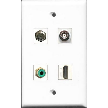 RiteAV 1 Port HDMI and 1 Port RCA Green and 1 Port Coax Cable TV- F-Type and 1 Port BNC Wall Plate