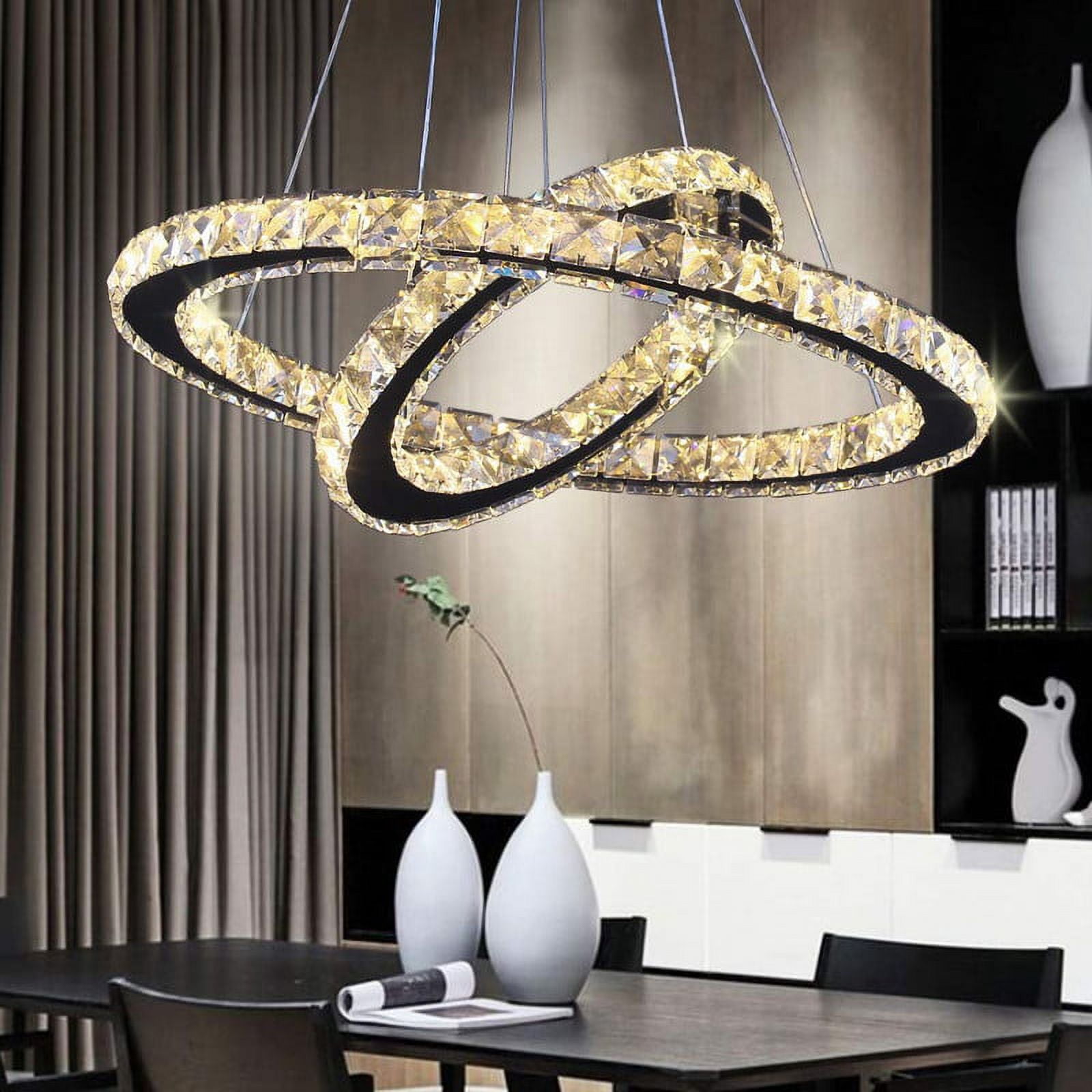FRIXCHUR LED Chandelier Modern 2 Rings Pendant Light Adjustable Stainless Steel Crystal Ceiling Lighting Fixture for Bedroom Living Room Dining Room (Warm White)