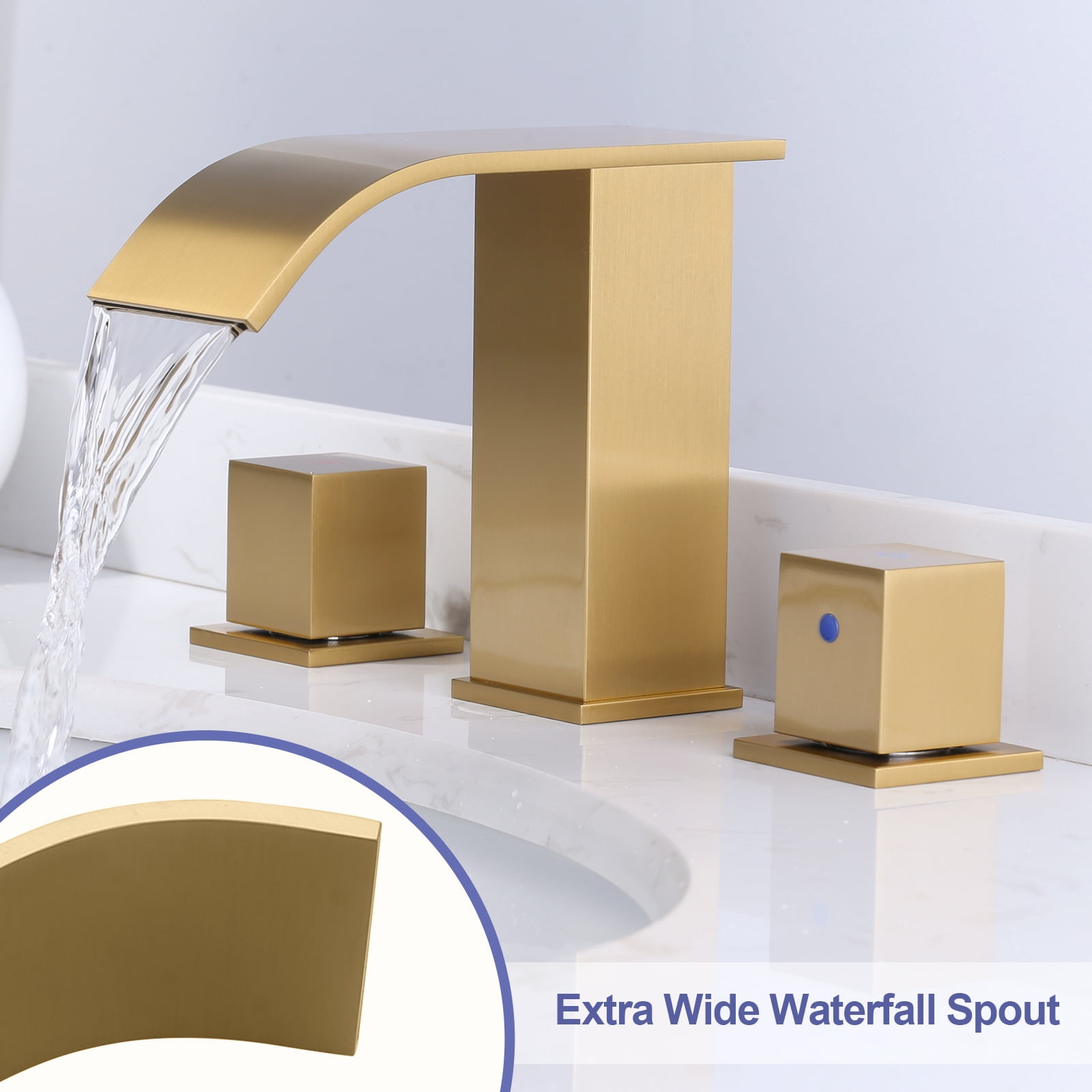 Brushed Gold Waterfall Bathroom Faucet: WOWOW 8 inch Widespread Bathroom Faucets for Sinks 3 Hole, Modern 2 Handles Bathroom Sink Faucet with Pop up Drain and cUPC Supply Lines