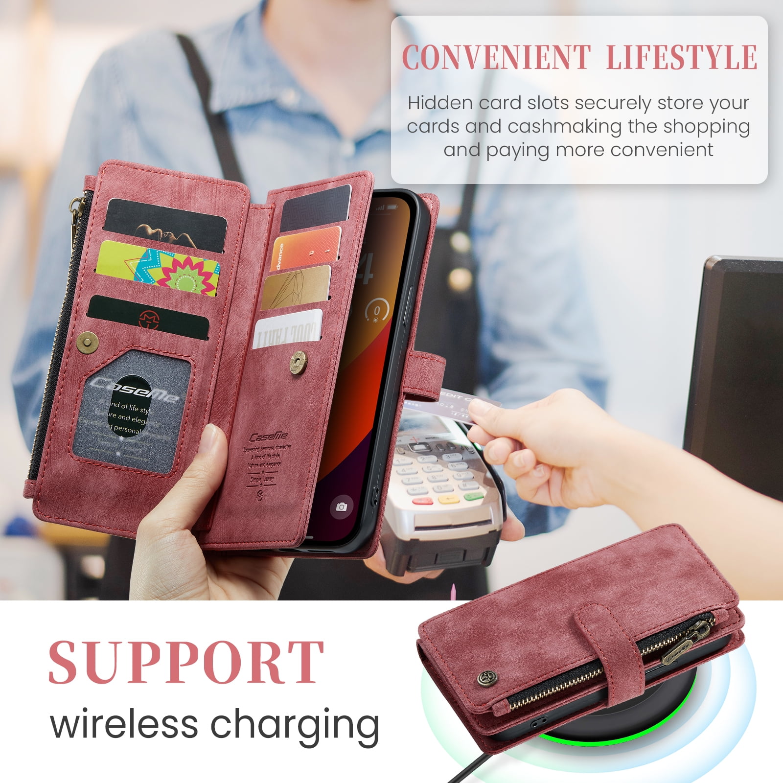 Dteck for iPhone 15 Pro Case with Card Holder, Premium iPhone 15 Pro Wallet Case for Women Men, Heavy Duty Durable PU Leather With Flip Zipper Pocket Phone Case w/ Wrist Strap Lanyard,Red