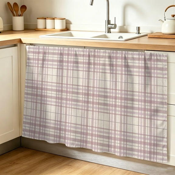 Buffalo Plaid Cabinet Curtain 28"W x 51"L, Dusty Rose Pink Farmhouse Gingham Striped Dust-Proof Privacy Curtain for Closet Shelves Self Adhesive, Sink Skirt for Bathroom Vanity Kitchen Laundry Room