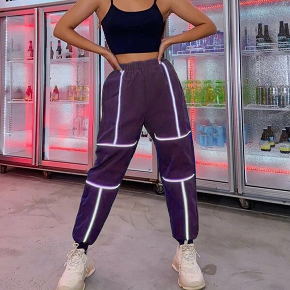 LoyisViDion Woman Pants Clearance Fashion Women'S Reflective Strip Beam Pants Casual Sports Trousers Cargo Pants Purple XL