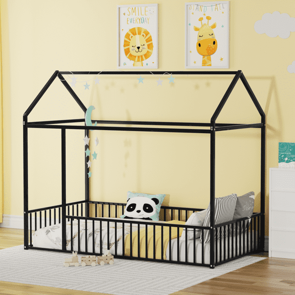 Twin Size Montessori Bed, Metal Floor Bed with Fence,  without Slats, Black