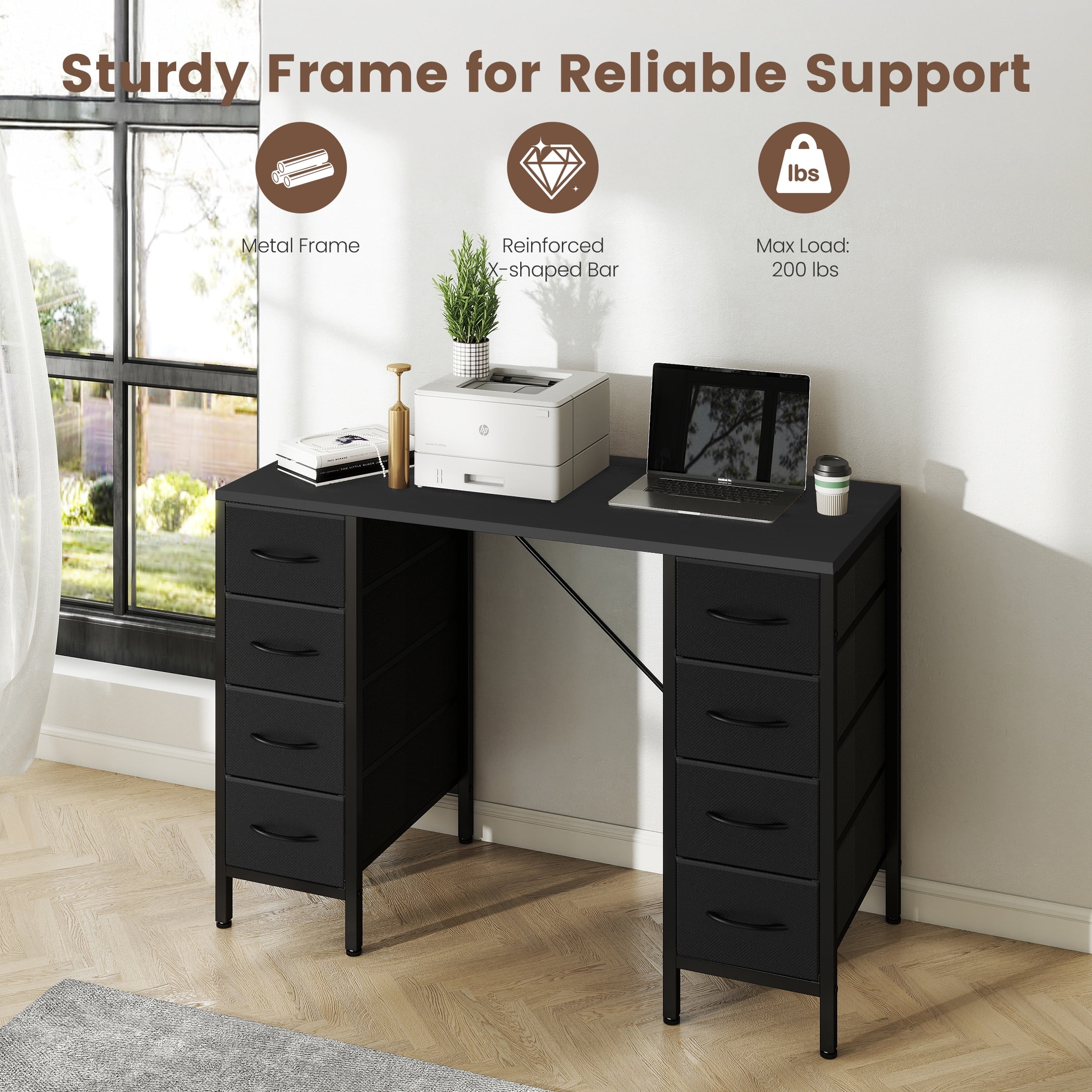 EDX 47 Inch Computer Desk with 8 Fabric Drawer, Home Office Desk with Power Outlets, Large Storage,Black