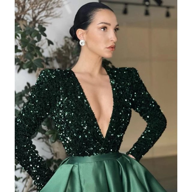 Vestido de noche largo con escote en V, manga larga y un hombro al aire, sexy, con lentejuelas grandes y abertura para mujer