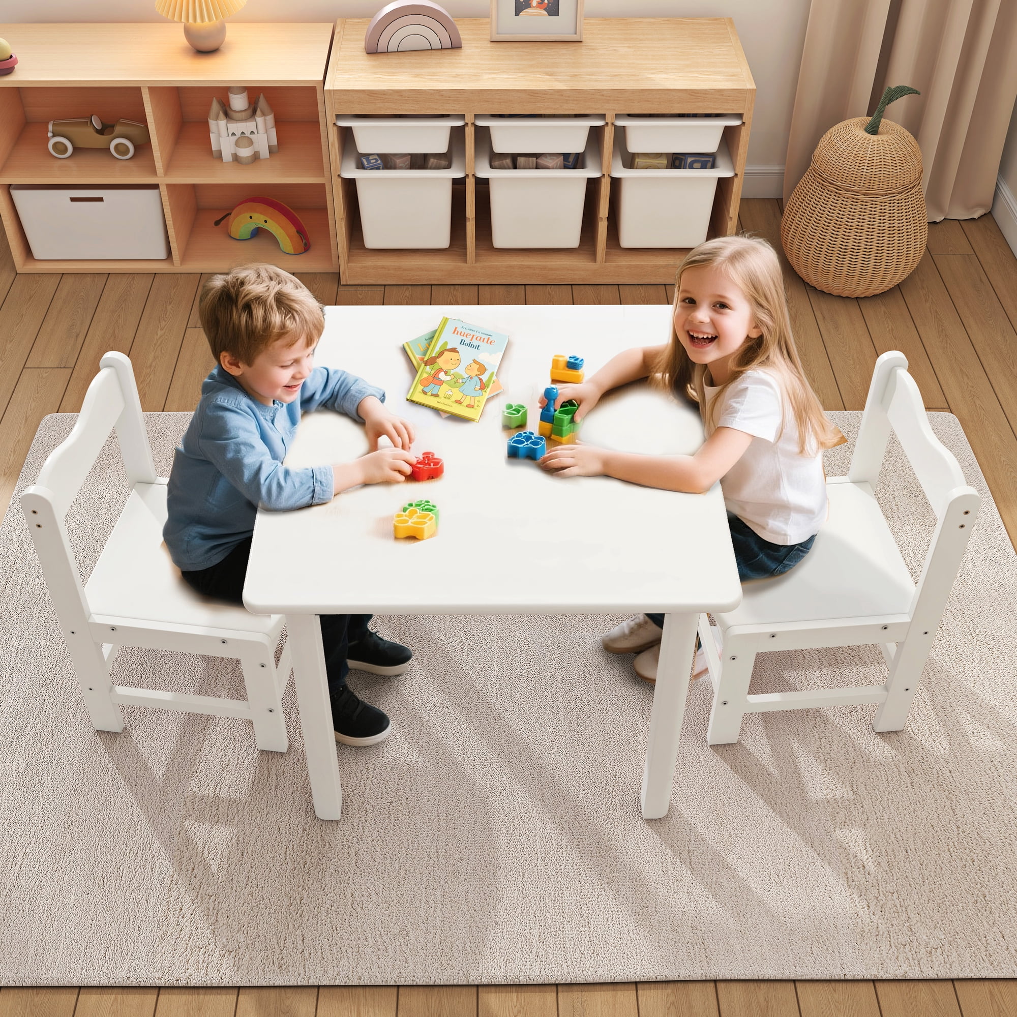 UNICOO® Wooden Kids Table and Chairs Set – 3-Piece Hard Wood Toddler Table with 2 Chairs – Playroom & Classroom Kids Desk and Chair Set for Arts, Crafts, Reading, Snacks (White)