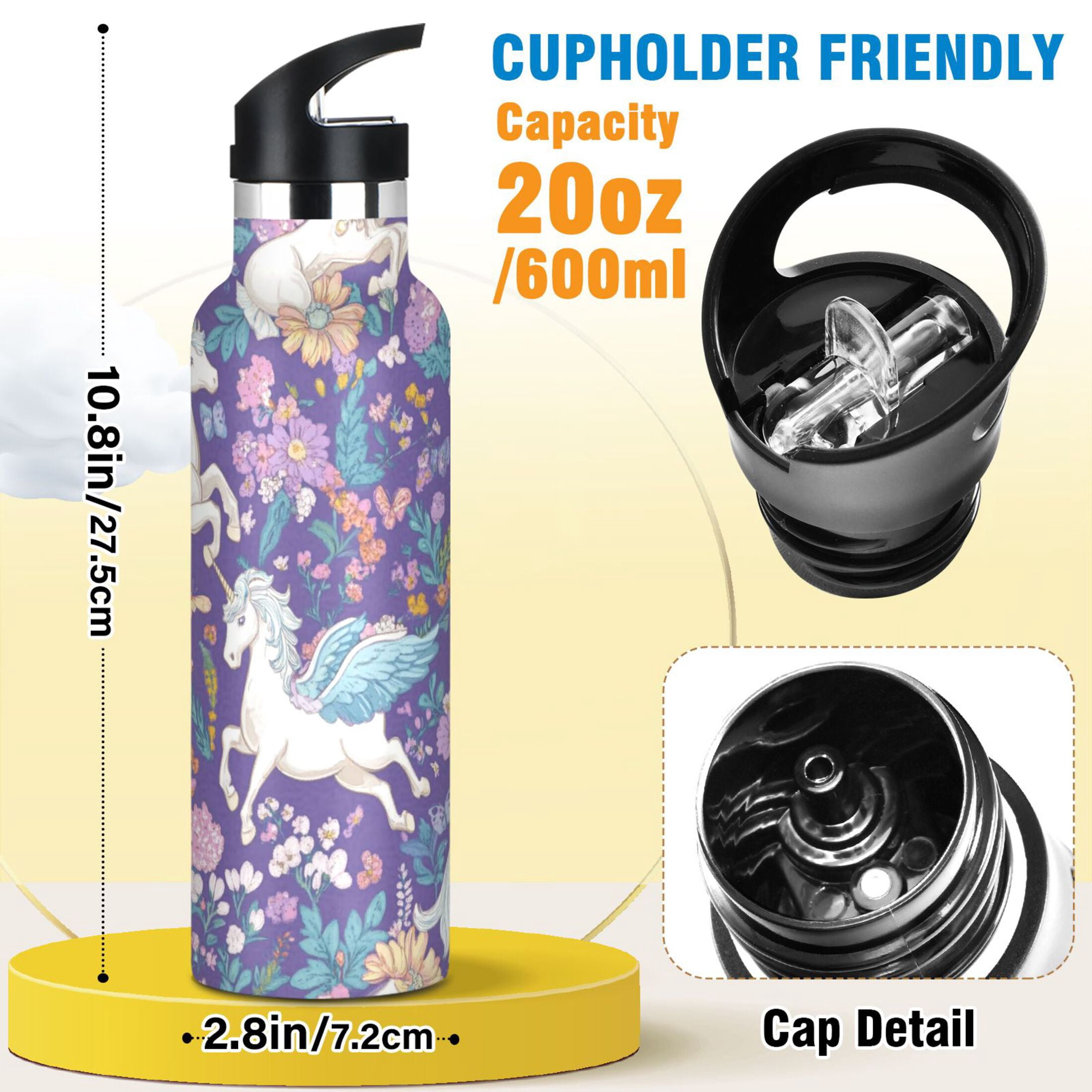 Kids Insulated Stainless Steel Sports Water Bottle 600ml (20oz) Unicorns and Pegasi Pattern