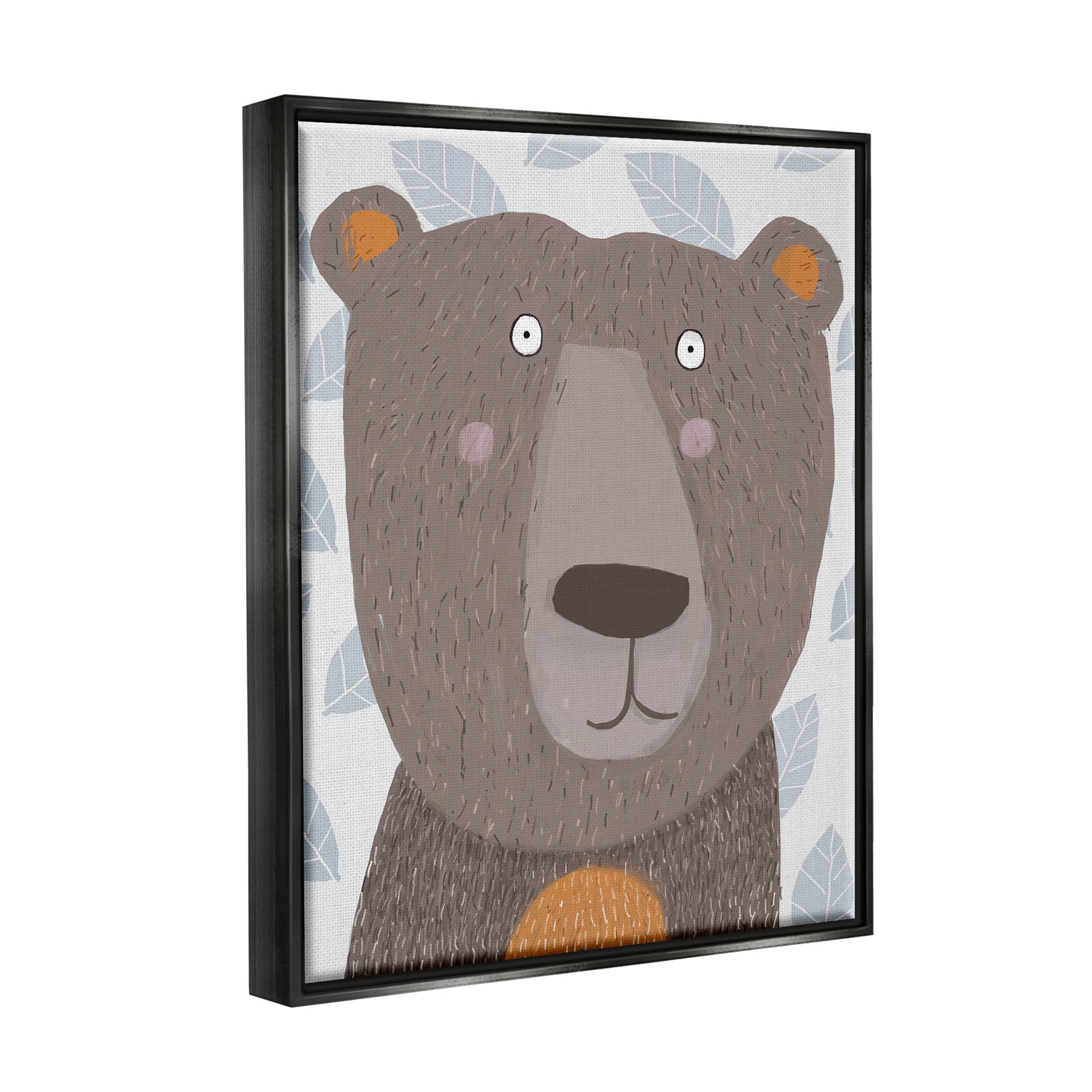 Stupell Industries Happy Brown Bear Leaf Pattern Graphic Art Jet Black Floating Framed Canvas Print Wall Art, Design by Carla Daly