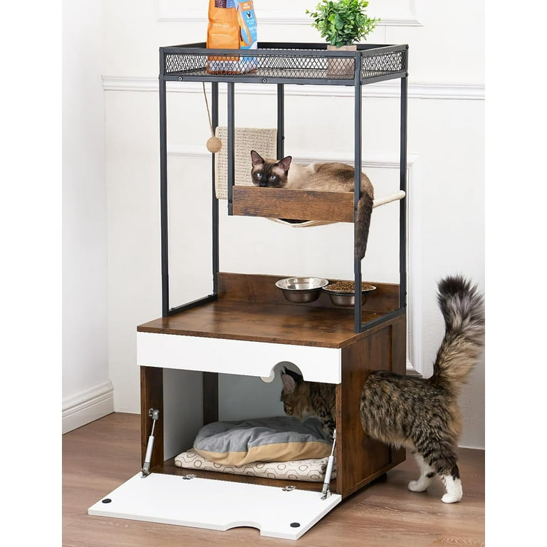 Soges Cat Tree Tower with Cat Condo Cat Litter Box Enclosure Furniture with Storage Shelf Cat Cabinet with Shelves and Doors Rustic Brown Walmart