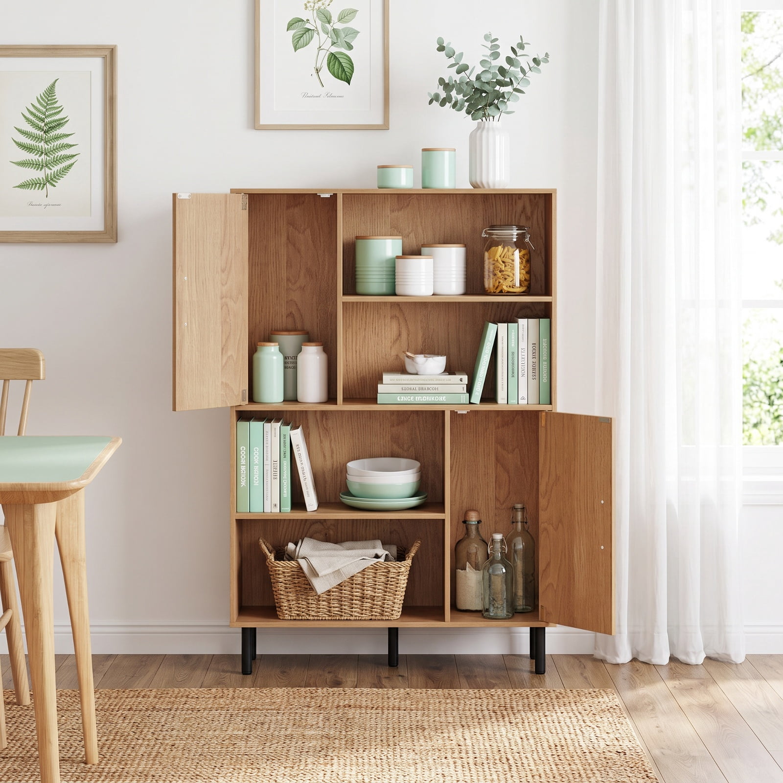 Furnibear 47 Inch Storage Cabinet Freestanding Bookcase with 2 Doors and 4 Open Shelves for Living Room Home Office Bedroom Display Storage, Natural