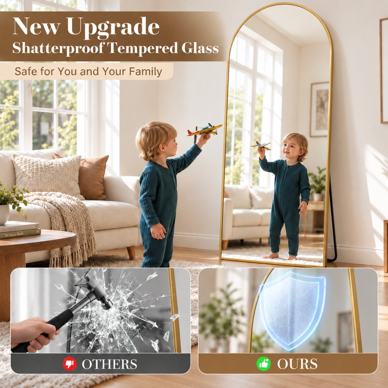 BEAUTYPEAK 71"x 26" Oversized Full Length Mirror Arch Standing Floor Mirror Full Body Mirror, Gold