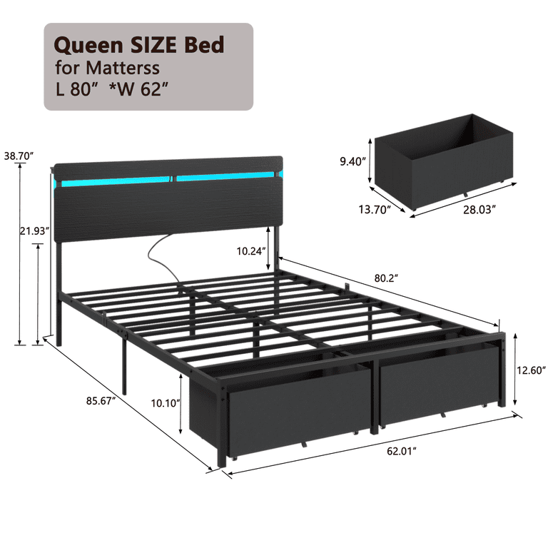 Satifur Queen Bed Frame with Storage Drawers and LED Lights photo 3
