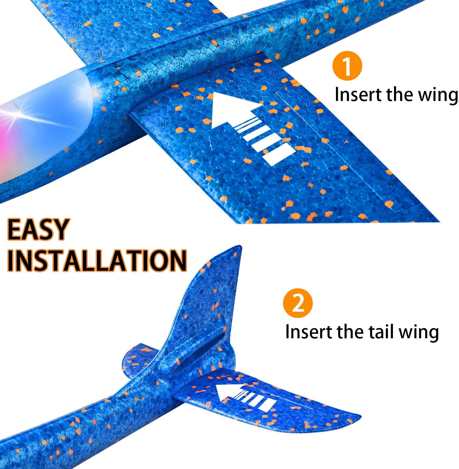 LNKOO 2 Pcs Flying Glider Planes, 18.9" Foam Flight Mode Throwing Air Plane with Flash LED Light Aerobatic Airplane Outdoor Sport Game Toys for Kids 3 4 5 6 7 Year Old Boy Birthday Christmas Gift