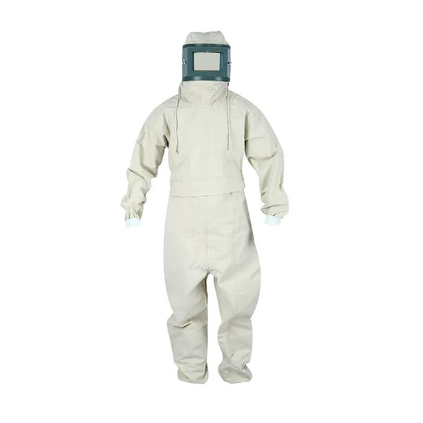 Traje de chorro de arena con protección facial contra el polvo. Ropa de chorro de arena para pulido. Beige
