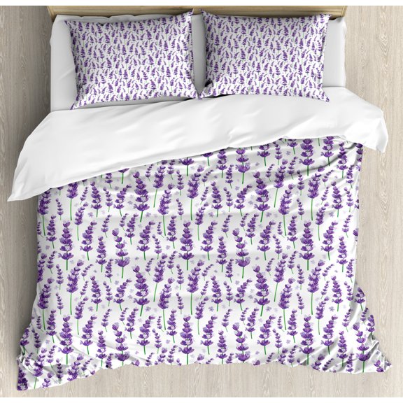 Lavender Duvet Cover Set King Size, Pattern with Blossoming Herbs Organic Fresh Field Aromatherapy Theme, Decorative 3 Piece Bedding Set with 2 Pillow Shams, Violet Green and White, by Ambesonne