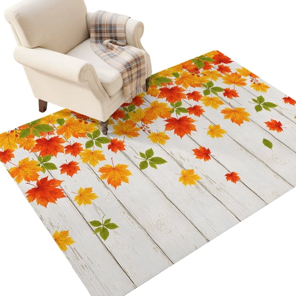 Fall Maple Leaf Washable Area Rug 3 x 5 ft Country Farmhouse Red Green Leaves Wood Grain Soft Non‑Slip Rugs Stain Repellent Indoor Mats for Entry Foyer, Apartment Living Corner Dining Nook