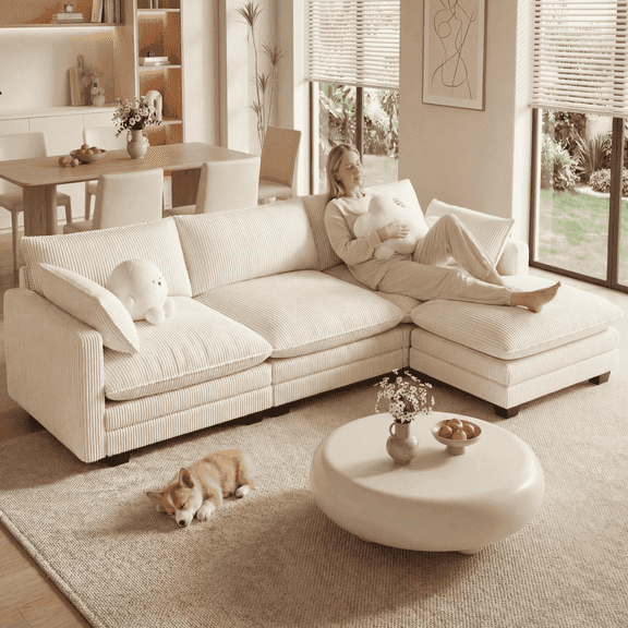 110'' L Shaped Cloud Couch with Removable and Washable Cover, Noelse 3 Seater Modular Sectional Corduroy Sofa with Deep Seat and Movable Ottoman for Living Room Bedroom, Beige