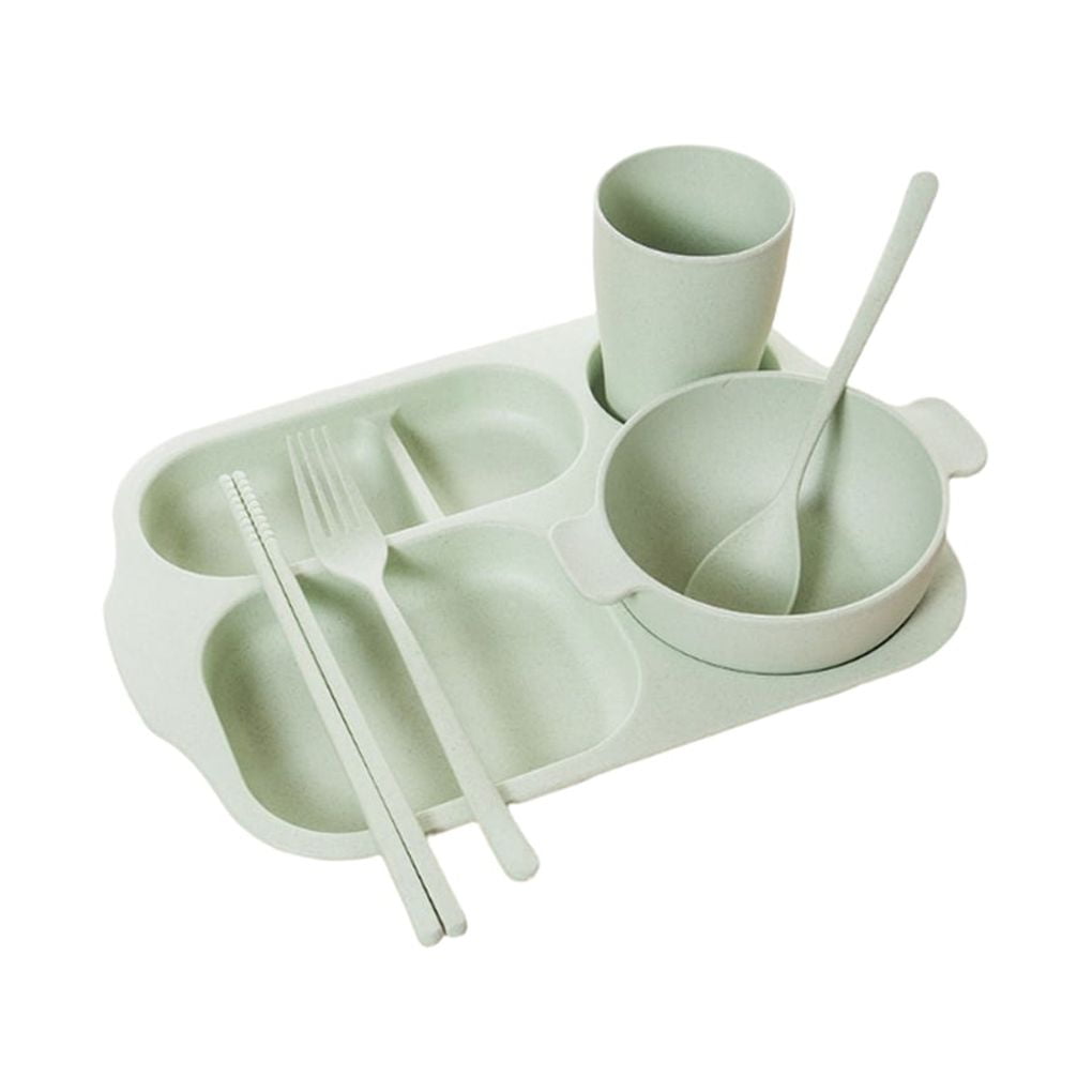 fastboy 6PCS/Set Children Divided Dinner Plate Bowl Cup Buffet Flatware Kids Dinnerware Water Tableware Chopsticks School Dish Green