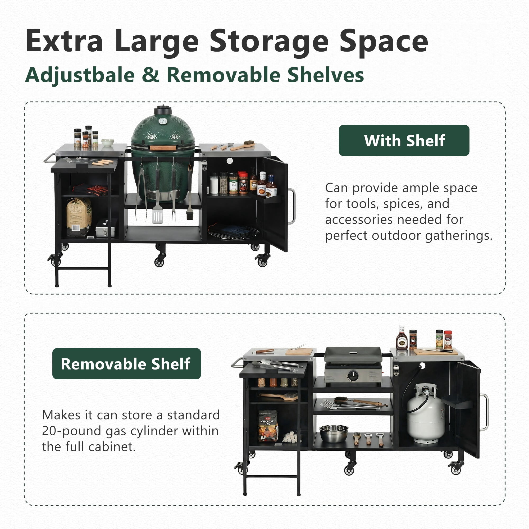 AENKYO 72" Outdoor Grill Cart for Big Green Egg, Metal BBQ Kitchen Island w/ Fold-out Prep Table & Stainless Top