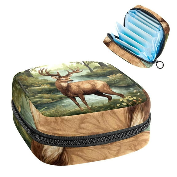Deer Sanitary Napkin Storage Bag Makeup Pouch for Purse, Small Sanitary Napkin Disposal Bags, in Velvet, Sponge, Oxford Fabric, 4.7x6.6x6.6 in