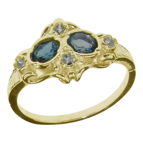 British Made 9k Yellow Gold Real Genuine London Blue Topaz & Aquamarine Womens Band Ring - Size 10