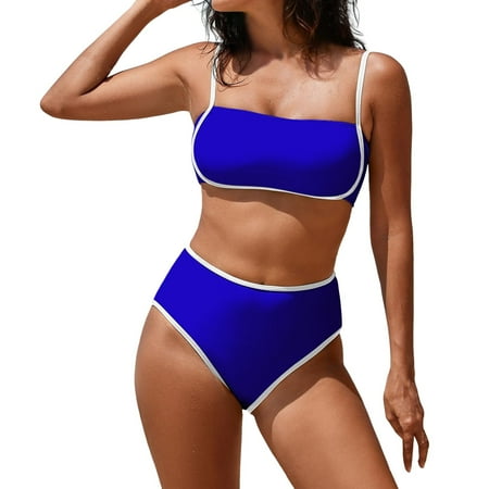 Yajing Womens Swimwear Women With Breast Pad No Support Beach Solid Color Bikini One Shoulder Separate Swimsuit Blue Xl