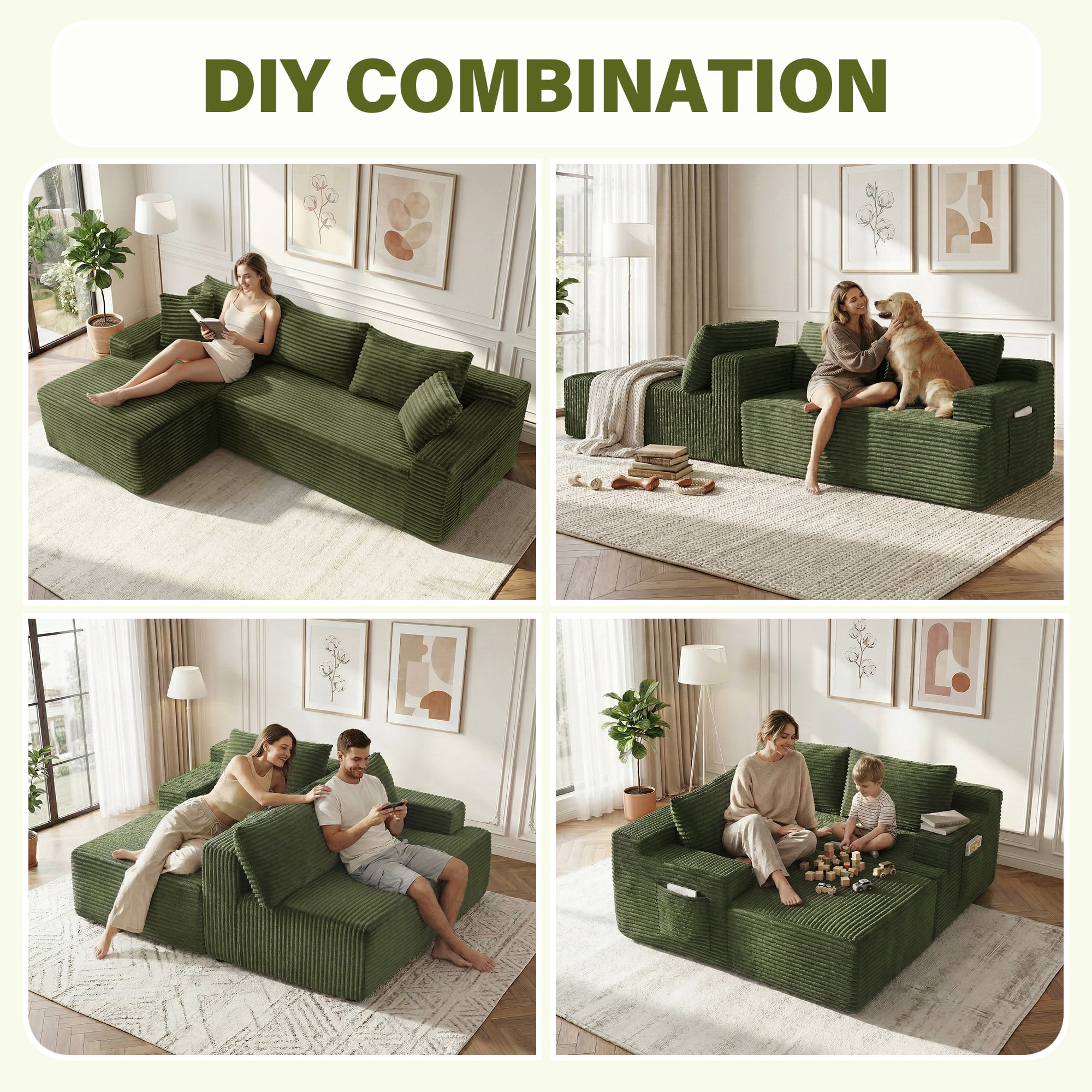 Aukfa 96" L-Shaped Cloud Sectional Sofa, Modular Boneless Couch with Deep Seat&Left-Facing Chaise for Living Room, Corduroy, Green
